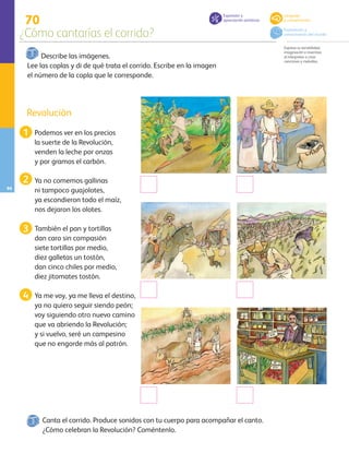 94
70
¿Cómo cantarías el corrido?
Expresa su sensibilidad,
imaginación e inventiva
al interpretar o crear
canciones y melodías.
Revolución
	 Podemos ver en los precios
la suerte de la Revolución,
venden la leche por onzas
y por gramos el carbón.
	 Ya no comemos gallinas
ni tampoco guajolotes,
ya escondieron todo el maíz,
nos dejaron los olotes.
	 También el pan y tortillas
dan caro sin compasión
siete tortillas por medio,
diez galletas un tostón,
dan cinco chiles por medio,
diez jitomates tostón.
	 Ya me voy, ya me lleva el destino,
ya no quiero seguir siendo peón;
voy siguiendo otro nuevo camino
que va abriendo la Revolución;
y si vuelvo, seré un campesino
que no engorde más al patrón.
Describe las imágenes.
Lee las coplas y di de qué trata el corrido. Escribe en la imagen
el número de la copla que le corresponde.
¿Cómo celebran la Revolución? Coméntenlo.
1
4
2
3
Expresión y
apreciación artísticas
Lenguaje
y comunicación
Exploración y
conocimiento del mundo
Canta el corrido. Produce sonidos con tu cuerpo para acompañar el canto.
AB-PREES-JUEGO-3-P-001-098.indd 94 31/01/13 12:03
 