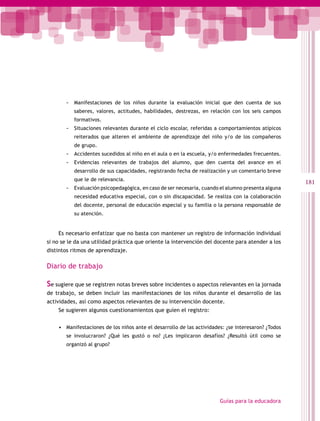-   Manifestaciones de los niños durante la evaluación inicial que den cuenta de sus
           saberes, valores, actitudes, habilidades, destrezas, en relación con los seis campos
           formativos.
       -   Situaciones relevantes durante el ciclo escolar, referidas a comportamientos atípicos
           reiterados que alteren el ambiente de aprendizaje del niño y/o de los compañeros
           de grupo.
       -   Accidentes sucedidos al niño en el aula o en la escuela, y/o enfermedades frecuentes.
       -   Evidencias relevantes de trabajos del alumno, que den cuenta del avance en el
           desarrollo de sus capacidades, registrando fecha de realización y un comentario breve
           que le de relevancia.
                                                                                                     181
       -   Evaluación psicopedagógica, en caso de ser necesaria, cuando el alumno presenta alguna
           necesidad educativa especial, con o sin discapacidad. Se realiza con la colaboración
           del docente, personal de educación especial y su familia o la persona responsable de
           su atención.


    Es necesario enfatizar que no basta con mantener un registro de información individual
si no se le da una utilidad práctica que oriente la intervención del docente para atender a los
distintos ritmos de aprendizaje.

Diario de trabajo

Se sugiere que se registren notas breves sobre incidentes o aspectos relevantes en la jornada
de trabajo, se deben incluir las manifestaciones de los niños durante el desarrollo de las
actividades, así como aspectos relevantes de su intervención docente.
    Se sugieren algunos cuestionamientos que guíen el registro:


    •	 Manifestaciones de los niños ante el desarrollo de las actividades: ¿se interesaron? ¿Todos
       se involucraron? ¿Qué les gustó o no? ¿Les implicaron desafíos? ¿Resultó útil como se
       organizó al grupo?




                                                                        Guías para la educadora
 