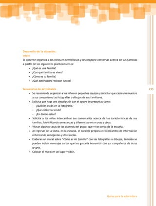 Desarrollo de la situación.
Inicio
El docente organiza a los niños en semicírculo y les propone conversar acerca de sus familias
a partir de los siguientes planteamientos:
    •	 ¿Qué es una familia?
    •	 ¿Con qué familiares vives?
    •	 ¿Cómo es tu familia?
    •	 ¿Qué actividades realizan juntos?


Secuencias de actividades                                                                           195
    •	 Se recomienda organizar a los niños en pequeños equipos y solicitar que cada uno muestre
         a sus compañeros las fotografías o dibujos de sus familiares.
    •	 Solicita que haga una descripción con el apoyo de preguntas como:
         -   ¿Quiénes están en la fotografía?
         -   ¿Qué están haciendo?
         -   ¿En dónde están?
    •	 Solicita a los niños intercambiar sus comentarios acerca de las características de sus
         familias, identificando semejanzas y diferencias entre unas y otras.
    •	 Visitan algunas casas de los alumnos del grupo, que vivan cerca de la escuela.
    •	 Al regresar de la visita, en la escuela, el docente propicia el intercambio de información
         enfatizando semejanzas y diferencias.
    •	 Elaboran un mural sobre “Cómo es mi familia” con las fotografías o dibujos, también se
         pueden incluir mensajes cortos que les gustaría transmitir con sus compañeros de otros
         grupos.
    •	 Colocar el mural en un lugar visible.




                                                                         Guías para la educadora
 