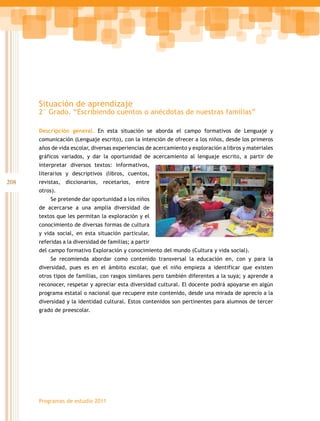 Situación de aprendizaje
      2° Grado. “Escribiendo cuentos o anécdotas de nuestras familias”

      Descripción general. En esta situación se aborda el campo formativos de Lenguaje y
      comunicación (Lenguaje escrito), con la intención de ofrecer a los niños, desde los primeros
      años de vida escolar, diversas experiencias de acercamiento y exploración a libros y materiales
      gráficos variados, y dar la oportunidad de acercamiento al lenguaje escrito, a partir de
      interpretar diversos textos: informativos,
      literarios y descriptivos (libros, cuentos,
208   revistas, diccionarios, recetarios, entre
      otros).
          Se pretende dar oportunidad a los niños
      de acercarse a una amplia diversidad de
      textos que les permitan la exploración y el
      conocimiento de diversas formas de cultura
      y vida social, en esta situación particular,
      referidas a la diversidad de familias; a partir
      del campo formativo Exploración y conocimiento del mundo (Cultura y vida social).
          Se recomienda abordar como contenido transversal la educación en, con y para la
      diversidad, pues es en el ámbito escolar, que el niño empieza a identificar que existen
      otros tipos de familias, con rasgos similares pero también diferentes a la suya; y aprende a
      reconocer, respetar y apreciar esta diversidad cultural. El docente podrá apoyarse en algún
      programa estatal o nacional que recupere este contenido, desde una mirada de aprecio a la
      diversidad y la identidad cultural. Estos contenidos son pertinentes para alumnos de tercer
      grado de preescolar.




      Programas de estudio 2011
 