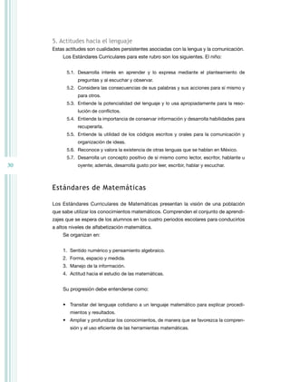5. actitudes hacia el lenguaje
     Estas actitudes son cualidades persistentes asociadas con la lengua y la comunicación.
         Los Estándares Curriculares para este rubro son los siguientes. El niño:


           5.1. Desarrolla interés en aprender y lo expresa mediante el planteamiento de
                preguntas y al escuchar y observar.
           5.2. Considera las consecuencias de sus palabras y sus acciones para sí mismo y
                para otros.
           5.3. Entiende la potencialidad del lenguaje y lo usa apropiadamente para la reso-
                lución de conflictos.
           5.4. Entiende la importancia de conservar información y desarrolla habilidades para
                recuperarla.
           5.5. Entiende la utilidad de los códigos escritos y orales para la comunicación y
                organización de ideas.
           5.6. reconoce y valora la existencia de otras lenguas que se hablan en México.
           5.7. Desarrolla un concepto positivo de sí mismo como lector, escritor, hablante u
30              oyente; además, desarrolla gusto por leer, escribir, hablar y escuchar.



     estándares de matemáticas

     Los Estándares Curriculares de Matemáticas presentan la visión de una población
     que sabe utilizar los conocimientos matemáticos. Comprenden el conjunto de aprendi-
     zajes que se espera de los alumnos en los cuatro periodos escolares para conducirlos
     a altos niveles de alfabetización matemática.
         Se organizan en:


         1. Sentido numérico y pensamiento algebraico.
         2. Forma, espacio y medida.
         3. Manejo de la información.
         4. Actitud hacia el estudio de las matemáticas.


         Su progresión debe entenderse como:


         • transitar del lenguaje cotidiano a un lenguaje matemático para explicar procedi-
            mientos y resultados.
         • Ampliar y profundizar los conocimientos, de manera que se favorezca la compren-
            sión y el uso eficiente de las herramientas matemáticas.
 