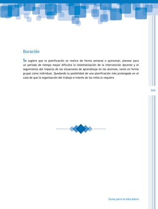 163
Guías para la educadora
Duración
Se sugiere que la planificación se realice de forma semanal o quincenal; planear para
un periodo de tiempo mayor dificulta la sistematización de la intervención docente y el
seguimiento del impacto de las situaciones de aprendizaje en los alumnos, tanto en forma
grupal como individual. Quedando la posibilidad de una planificación más prolongada en el
caso de que la organización del trabajo e interés de los niños lo requiera
 