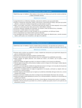 73
ASPecTO: cOORdinAciÓn, FUeRZA Y eQUiLiBRiO
cOMPeTenciA QUe Se FAVORece: Utiliza objetos e instrumentos de trabajo que le permiten resolver problemas
y realizar actividades diversas
APRendiZAJeS eSPeRAdOS
• Juega libremente con diferentes materiales y descubre los distintos usos que puede darles.
• Explora y manipula de manera libre, objetos, instrumentos y herramientas de trabajo, sabe para qué pueden
utilizarse, y practica las medidas de seguridad que debe adoptar al usarlos.
• Elige y usa el objeto, instrumento o herramienta adecuada para realizar una tarea asignada o de su propia
creación (un pincel para pintar, tijeras para recortar, destornillador, etcétera).
• Construye utilizando materiales que ensamblen, se conecten o sean de distinta forma y naturaleza.
• Construye o modela objetos de su propia creación.
• Construye objetos a partir de un plan acordado con sus compañeros y se distribuyen tareas.
• Arma rompecabezas que implican distinto grado de dificultad.
• Usa estrategias para reducir el esfuerzo que implica mover objetos de diferente peso y tamaño (arrastrar
objetos, pedir ayuda a sus compañeros, usar algo como palanca).
ASPecTO: PROMOciÓn de LA SALUd
cOMPeTenciA QUe Se FAVORece: Practica medidas básicas preventivas y de seguridad para preservar su
salud, así como para evitar accidentes y riesgos en la escuela y fuera de ella
APRendiZAJeS eSPeRAdOS
• Percibe ciertos cambios que presenta su cuerpo, mediante las sensaciones que experimenta después de
estar en actividad física constante.
• Reconoce la importancia del reposo posterior al esfuerzo físico.
• Percibe hasta dónde puede realizar esfuerzos físicos sin sobrepasar las posibilidades personales.
• Aplica medidas de higiene personal, como lavarse las manos y los dientes, que le ayudan a evitar
enfermedades.
• Aplica las medidas de higiene que están a su alcance en relación con el consumo de alimentos.
• Atiende reglas de seguridad y evita ponerse en peligro o poner en riesgo a los otros al jugar o realizar algunas
actividades en la escuela.
• Practica y promueve algunas medidas de seguridad para actuar en el hogar o en la escuela ante situaciones
de emergencia: sismos, incendios e inundaciones, entre otros.
• Participa en el establecimiento de reglas de seguridad en la escuela y promueve su respeto entre sus
compañeros y entre los adultos.
• Identifica algunas enfermedades que se originan por problemas ambientales del lugar donde vive y conoce
medidas para evitarlas.
• Practica y promueve medidas para evitar el contagio de las enfermedades infecciosas más comunes.
• Explica qué riesgos puede representar el convivir con un animal doméstico o mascota si no se le brindan los
cuidados que requiere.
• Comprende por qué son importantes las vacunas y conoce algunas consecuencias cuando no se aplican.
• Identifica, entre los productos que existen en su entorno, aquellos que puede consumir como parte de una
alimentación correcta.
 