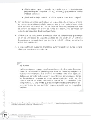 Consejos Técnicos Escolares	
Tercera Sesión Ordinaria12
TERCERASESIÓN
	 ¿Qué esperan lograr como colectivo escolar con la presentación que
prepararon para compartir con la(s) escuela(s) que presenta proble-
máticas comunes?
	 ¿Cuál será la mejor manera de brindar aportaciones a sus colegas?
15.	 Con las ideas relevantes registradas y las respuestas a las preguntas anterio-
res elaboren en equipos conclusiones en torno a lo que implica el Aprendizaje
entre escuelas. Escríbanlas en tiras de papel de rotafolio y tapicen con ellas
las paredes del espacio en el que se realiza esta sesión, para ser leídas por
todos los participantes desde cualquier lugar.
16.	 Asuman que las conclusiones elaboradas serán los compromisos que cumpli-
rán en las actividades del segundo apartado de esta sesión, en un ambiente
de confianza y compañerismo que permita la reflexión crítica y constructiva
acerca de lo presentado.
17.	 El responsable del Cuaderno de Bitácora del CTE registre en él, los compro-
misos que asumirán como colectivo.
No olviden:
La interacción con colegas con el propósito común de mejorar los resul-
tados de los estudiantes, puede ayudar a que los profesores integren los
nuevos conocimientos a sus prácticas existentes. Pero estas oportuni-
dades para aprender deben ocurrir en ambientes caracterizados tanto
por la confianza, como por los retos, ya que cualquier cambio sucede
tanto a nivel de las emociones como a nivel de los conocimientos y las
competencias. Si se permite que las susceptibilidades profesionales de-
terminen lo que se va a aprender, es poco probable que los resultados
mejoren.5
5	 Adaptado de Helen Temperley, “Aprendizaje Profesional Docente”, disponible en: https://mail.google.com/mail/u/0/#inbox/15fa20
ca05920093?compose=15fa20f2eef40f82 (consulta: 07/11/17).
 