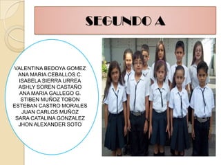 SEGUNDO AVALENTINA BEDOYA GOMEZANA MARIA CEBALLOS C.ISABELA SIERRA URREAASHLY SOREN CASTAÑO ANA MARIA GALLEGO G.STIBEN MUÑOZ TOBONESTEBAN CASTRO MORALESJUAN CARLOS MUÑOZSARA CATALINA GONZALEZJHON ALEXANDER SOTO