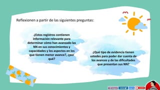 Reflexionen a partir de las siguientes preguntas:
¿Estos registros contienen
información relevante para
determinar cómo han avanzado las
NN en sus conocimientos y
capacidades y los aspectos en los
que tienen menor avance?, ¿por
qué?
¿Qué tipo de evidencia tienen
ustedes para poder dar cuenta de
los avances y de las dificultades
que presentan sus NN?
 