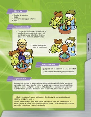 Material
• Botella de plástico
• Globo
• Recipiente con agua caliente
• Hielo



 Procedimiento
    1. Colocamos el globo en el cuello de la
       botella, la ponemos dentro del reci-
       piente con agua caliente y dejamos
       pasar unos minutos. Observemos.




                                                                                      015/preescolar
                        2. Ahora agregamos
                           hielo al recipiente.




                                        Verificacion
                                        ¿Qué pasa con el globo en el agua caliente?
                                        ¿Qué sucede cuando le agregamos hielo?



  Explicacion
  Esto sucede porque el agua caliente del recipiente calentó el aire que se en-
  contraba dentro de a botella e inﬂó el globo, pero, cuando le pusimos hielo,
  el aire se enfrió y el globo ya no se inﬂó. Los globos aerostáticos funcionan
  cuando el aire que está dentro de ellos se calienta, entonces se elevan.




  — ¡Qué interesante!, yo no sabía eso… Oye tío, ¿y tú cómo sabes tantas
  cosas?, –preguntó Lulú–.
  —Pues he estudiado, y he leído libros, pero sobre todo me he dedicado a
  experimentar y así he comprendido muchas cosas… Ustedes también pueden
  aprender estudiando y experimentando.
 