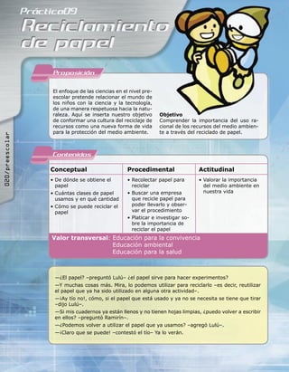 Proposicion

                 El enfoque de las ciencias en el nivel pre-
                 escolar pretende relacionar el mundo de
                 los niños con la ciencia y la tecnología,
                 de una manera respetuosa hacia la natu-
                 raleza. Aquí se inserta nuestro objetivo      Objetivo
                 de conformar una cultura del reciclaje de     Comprender la importancia del uso ra-
                 recursos como una nueva forma de vida         cional de los recursos del medio ambien-
                 para la protección del medio ambiente.        te a través del reciclado de papel.
020/preescolar




                 Contenidos
                 Conceptual                      Procedimental                 Actitudinal
                 • De dónde se obtiene el        • Recolectar papel para       • Valorar la importancia
                   papel                           reciclar                      del medio ambiente en
                 • Cuántas clases de papel       • Buscar una empresa            nuestra vida
                   usamos y en qué cantidad        que recicle papel para
                 • Cómo se puede reciclar el       poder llevarlo y obser-
                   papel                           var el procedimiento
                                                 • Platicar e investigar so-
                                                   bre la importancia de
                                                   reciclar el papel
                 Valor transversal: Educación para la convivencia
                                    Educación ambiental
                                    Educación para la salud



                  —¿El papel? –preguntó Lulú– ¿el papel sirve para hacer experimentos?
                  —Y muchas cosas más. Mira, lo podemos utilizar para reciclarlo –es decir, reutilizar
                  el papel que ya ha sido utilizado en alguna otra actividad–.
                  —¡Ay tío no!, cómo, si el papel que está usado y ya no se necesita se tiene que tirar
                  –dijo Lulú–.
                  —Si mis cuadernos ya están llenos y no tienen hojas limpias, ¿puedo volver a escribir
                  en ellos? –preguntó Ramirín–.
                  —¿Podemos volver a utilizar el papel que ya usamos? –agregó Lulú–.
                  —¡Claro que se puede! –contestó el tío– Ya lo verán.
 