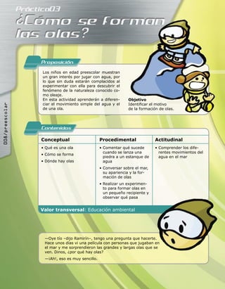 Proposicion
                 Los niños en edad preescolar muestran
                 un gran interés por jugar con agua, por
                 lo que sin duda estarán complacidos al
                 experimentar con ella para descubrir el
                 fenómeno de la naturaleza conocido co-
                 mo oleaje.
                 En esta actividad aprenderán a diferen-      Objetivo
                 ciar el movimiento simple del agua y el      Identiﬁcar el motivo
008/preescolar




                 de una ola.                                  de la formación de olas.




                 Contenidos
                 Conceptual                     Procedimental               Actitudinal
                 • Qué es una ola               • Comentar qué sucede       • Comprender los dife-
                                                  cuando se lanza una         rentes movimientos del
                 • Cómo se forma
                                                  piedra a un estanque de     agua en el mar
                 • Dónde hay olas                 agua
                                                • Conversar sobre el mar,
                                                  su apariencia y la for-
                                                  mación de olas
                                                • Realizar un experimen-
                                                  to para formar olas en
                                                  un pequeño recipiente y
                                                  observar qué pasa


                 Valor transversal: Educación ambiental




                  —Oye tío –dijo Ramirín–, tengo una pregunta que hacerte.
                  Hace unos días vi una película con personas que jugaban en
                  el mar y me sorprendieron las grandes y largas olas que se
                  ven. Dinos, ¿por qué hay olas?
                  —¡Ah!, eso es muy sencillo.
 