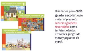 Diseñados para cada
grado escolar, este
material presenta
recursos gráficos
recortables como
tarjetas, objetos
armables, juegos de
mesa y juguetes de
papel.
 