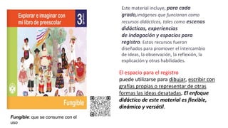 Este material incluye, para cada
grado,imágenes que funcionan como
recursos didácticos, tales como escenas
didácticas, experiencias
de indagación y espacios para
registro. Estos recursos fueron
diseñados para promover el intercambio
de ideas, la observación, la reflexión, la
explicación y otras habilidades.
El espacio para el registro
puede utilizarse para dibujar, escribir con
grafías propias o representar de otras
formas las ideas desatadas. El enfoque
didáctico de este material es flexible,
dinámico y versátil.
Fungible: que se consume con el
uso
 