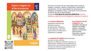 Promueve el desarrollo de capacidades para explorar,
indagar, comparar, explicar, argumentar, interpretar y
representar, y de las capacidades de comunicación
dialógica, la empatía y otras, como parte de los procesos
de desarrollo de los aprendizajes.
Consta de tres tipos de recursos didácticos: escenas
didácticas, experiencias de indagación y espacios de registro.
Las escenas didácticas
representan vivencias que
estimulan procesos
de observación, reflexión y
territorialización, y permiten
quelas niñas y los niños lean e
interpreten su realidad.
Las experiencias de
indagación son
actividades sencillas de
reflexión que facilitan
explorar y manipular
objetos e instrumentos
para encontrar
respuestas y plantear
nuevas preguntas
Los espacios de registro están destinados
para que las niñas y los niños
plasmen, con diferentes materiales o técnicas, sus
observaciones, reflexiones o los resultados de sus
exploraciones, ya sea mediante dibujos, recortes o
escritura, por medio de sus propias grafías o sus
habilidades de expresión gráfica
 
