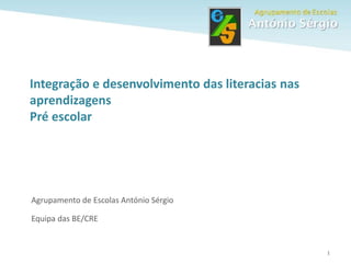 1
Agrupamento de Escolas António Sérgio
Equipa das BE/CRE
Integração e desenvolvimento das literacias nas
aprendizagens
Pré escolar
 