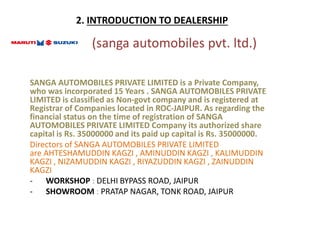2. INTRODUCTION TO DEALERSHIP
SANGA AUTOMOBILES PRIVATE LIMITED is a Private Company,
who was incorporated 15 Years . SANGA AUTOMOBILES PRIVATE
LIMITED is classified as Non-govt company and is registered at
Registrar of Companies located in ROC-JAIPUR. As regarding the
financial status on the time of registration of SANGA
AUTOMOBILES PRIVATE LIMITED Company its authorized share
capital is Rs. 35000000 and its paid up capital is Rs. 35000000.
Directors of SANGA AUTOMOBILES PRIVATE LIMITED
are AHTESHAMUDDIN KAGZI , AMINUDDIN KAGZI , KALIMUDDIN
KAGZI , NIZAMUDDIN KAGZI , RIYAZUDDIN KAGZI , ZAINUDDIN
KAGZI
- WORKSHOP : DELHI BYPASS ROAD, JAIPUR
- SHOWROOM : PRATAP NAGAR, TONK ROAD, JAIPUR
(sanga automobiles pvt. ltd.)
 