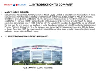 1. INTRODUCTION TO COMPANY
• MARUTI SUZUKI INDIA LTD.
• Maruti Suzuki India Limited, formerly known as Maruti Udyog Limite...
