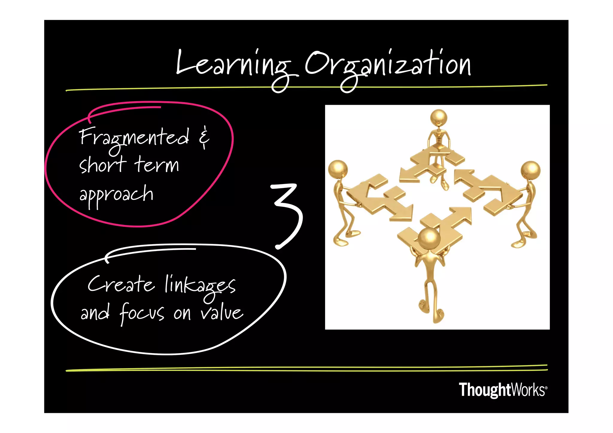 Learning Organization

Fragmented &
short term
approach
                     3
 Create linkages
and focus on value
 