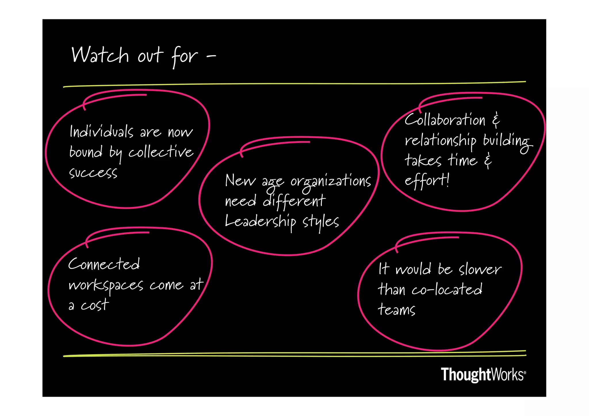 Watch out for -

                                                 Collaboration &
Individuals are now
                                                 relationship building
bound by collective
                                                 takes time &
success               New age organizations      effort!
                      need different
                      Leadership styles

Connected                                     It would be slower
workspaces come at                            than co-located
a cost                                        teams
 