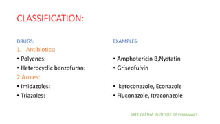 CLASSIFICATION:
DRUGS:
1. Antibiotics:
• Polyenes:
• Heterocyclic benzofuran:
2.Azoles:
• Imidazoles:
• Triazoles:
EXAMPLES:
• Amphotericin B,Nystatin
• Griseofulvin
• ketoconazole, Econazole
• Fluconazole, Itraconazole
SREE DATTHA INSTITUTE OF PHARMACY
 