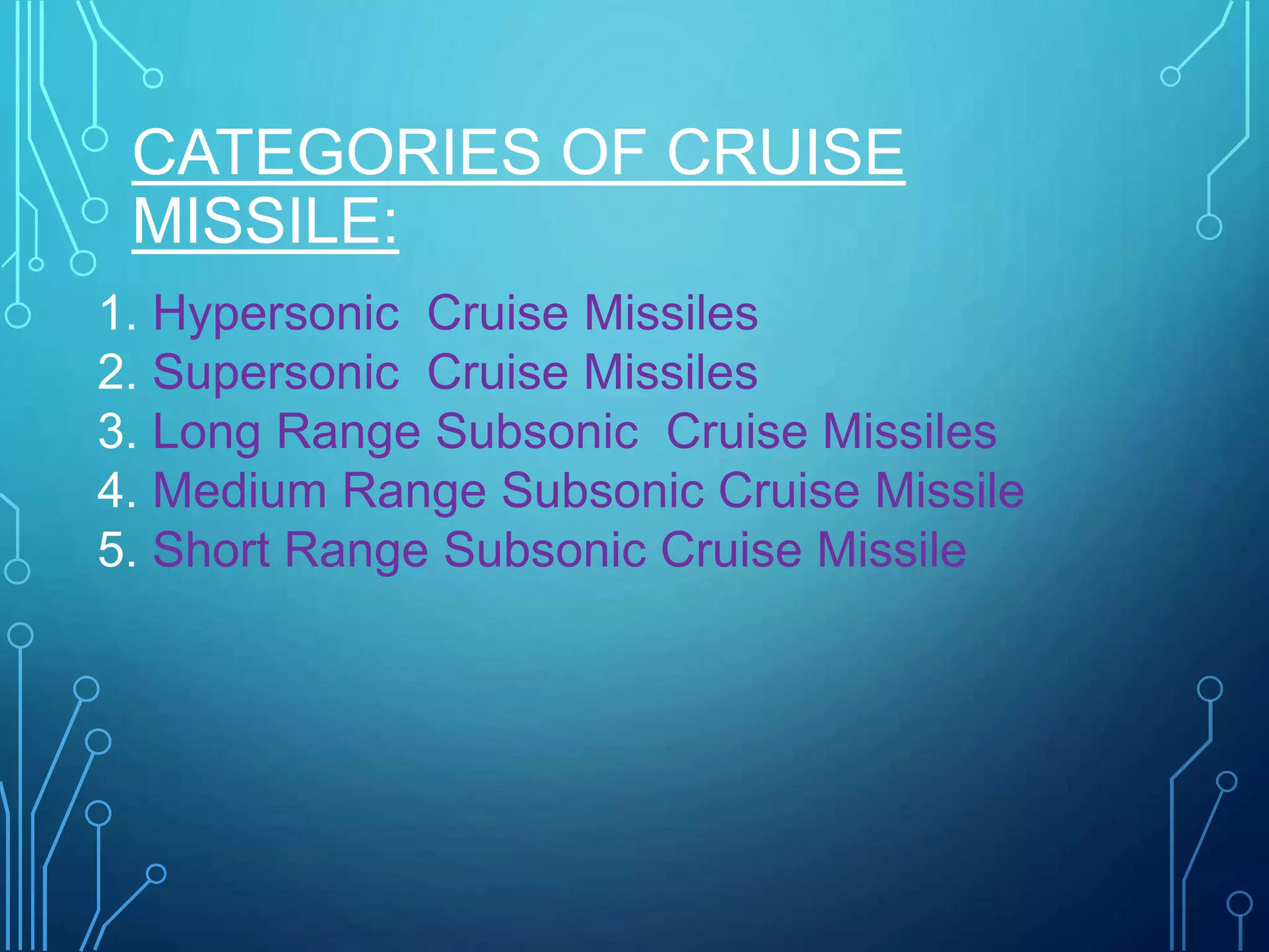 CATEGORIES OF CRUISE
MISSILE:
1. Hypersonic Cruise Missiles
2. Supersonic Cruise Missiles
3. Long Range Subsonic Cruise Missiles
4. Medium Range Subsonic Cruise Missile
5. Short Range Subsonic Cruise Missile
 