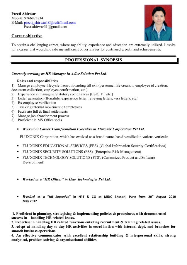 preeti resume full resume format download