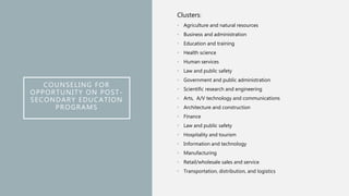 COUNSELING FOR
OPPORTUNITY ON POST-
SECONDARY EDUCATION
PROGRAMS
Clusters:
• Agriculture and natural resources
• Business and administration
• Education and training
• Health science
• Human services
• Law and public safety
• Government and public administration
• Scientific research and engineering
• Arts, A/V technology and communications
• Architecture and construction
• Finance
• Law and public safety
• Hospitality and tourism
• Information and technology
• Manufacturing
• Retail/wholesale sales and service
• Transportation, distribution, and logistics
 