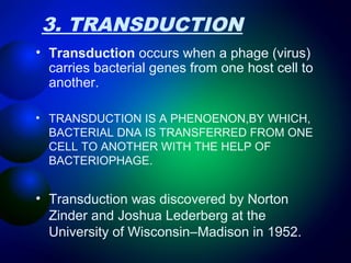3. TRANSDUCTION 
• Transduction occurs when a phage (virus) 
carries bacterial genes from one host cell to 
another. 
• TRANSDUCTION IS A PHENOENON,BY WHICH, 
BACTERIAL DNA IS TRANSFERRED FROM ONE 
CELL TO ANOTHER WITH THE HELP OF 
BACTERIOPHAGE. 
• Transduction was discovered by Norton 
Zinder and Joshua Lederberg at the 
University of Wisconsin–Madison in 1952. 
 