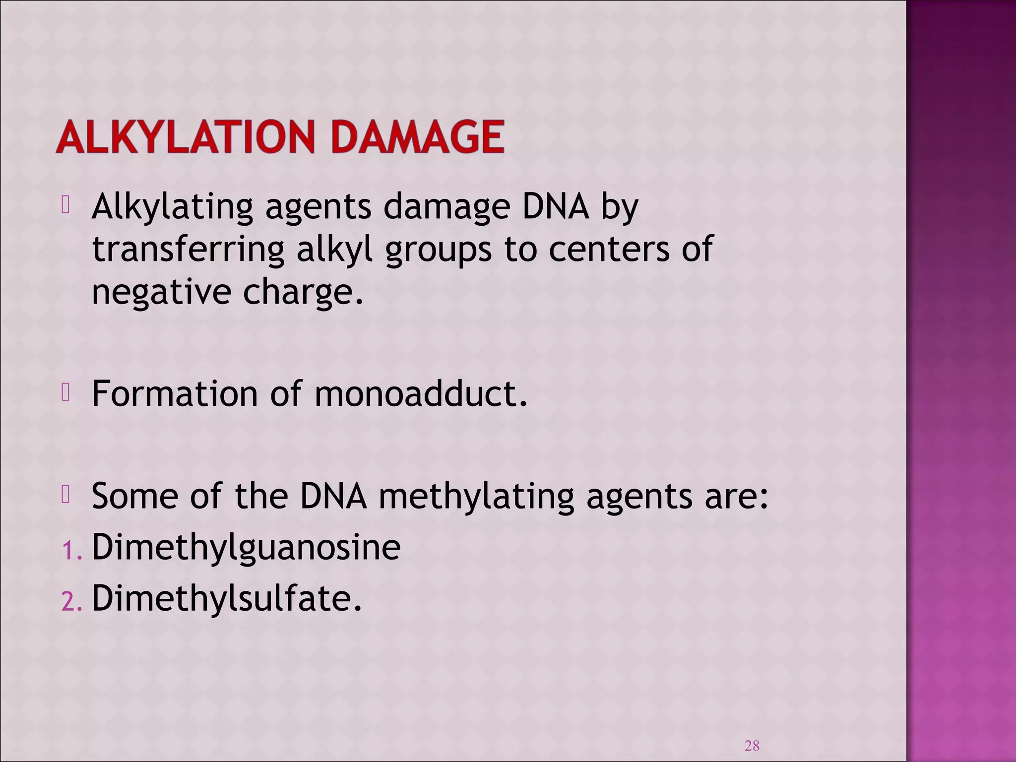  Alkylating agents damage DNA by 
transferring alkyl groups to centers of 
negative charge. 
 Formation of monoadduct. 
 Some of the DNA methylating agents are: 
1. Dimethylguanosine 
2. Dimethylsulfate. 
28 
 