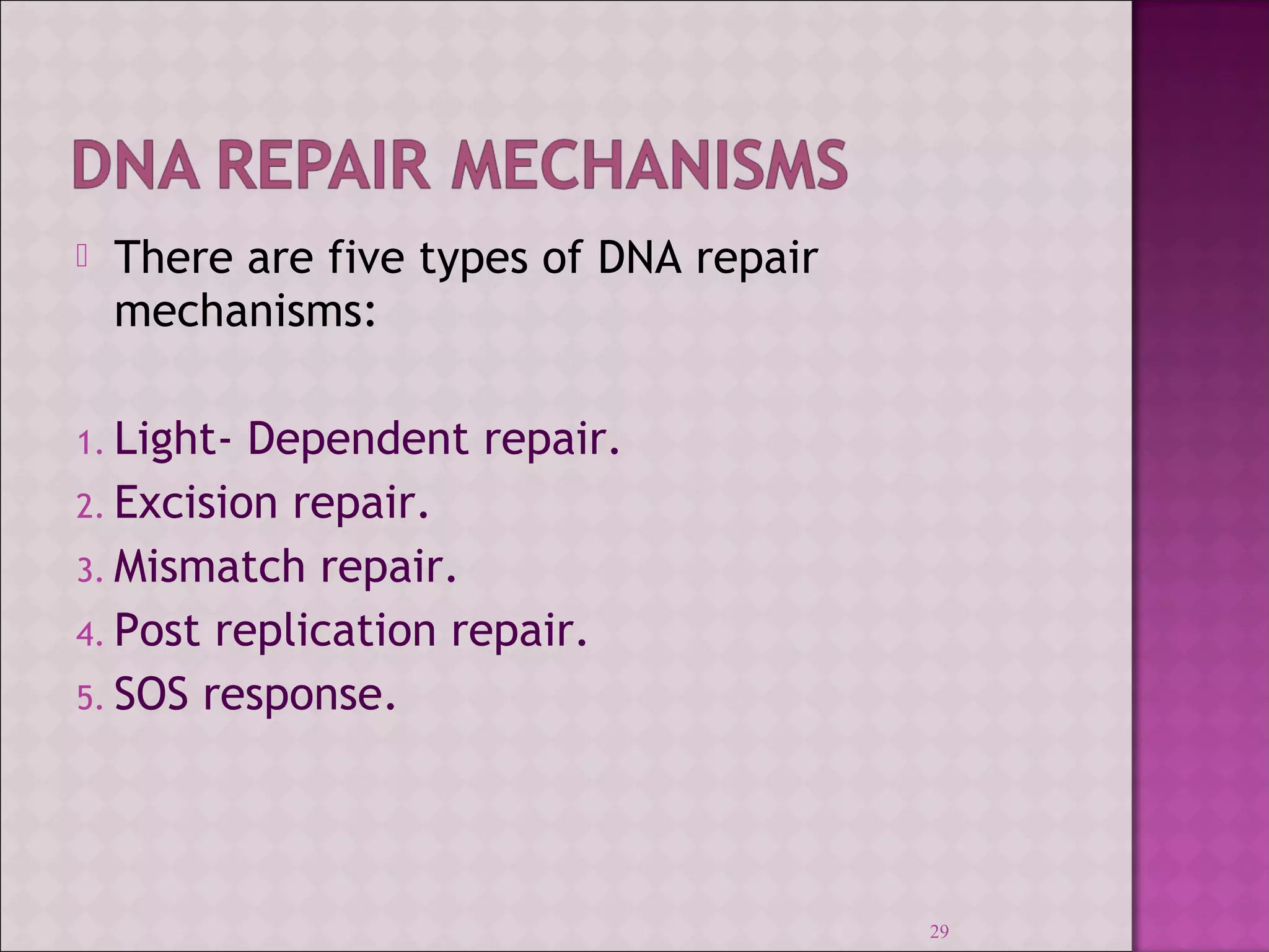  There are five types of DNA repair 
mechanisms: 
1. Light- Dependent repair. 
2. Excision repair. 
3. Mismatch repair. 
4. Post replication repair. 
5. SOS response. 
29 
 