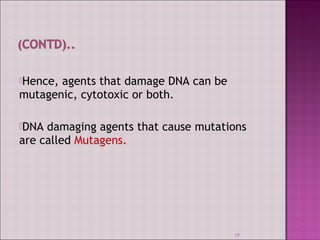 Hence, agents that damage DNA can be 
mutagenic, cytotoxic or both. 
DNA damaging agents that cause mutations 
are called Mutagens. 
19 
 