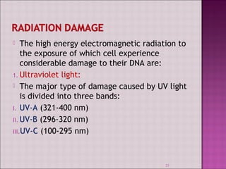  The high energy electromagnetic radiation to 
the exposure of which cell experience 
considerable damage to their DNA are: 
1. Ultraviolet light: 
 The major type of damage caused by UV light 
is divided into three bands: 
I. UV-A (321-400 nm) 
II.UV-B (296-320 nm) 
III.UV-C (100-295 nm) 
23 
 