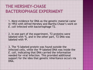  1. More evidence for DNA as the genetic material came 
in 1953 with Alfred Hershey and Martha Chase’s work on 
E. coli infected with bacteriophage T2. 
 2. In one part of the experiment, T2 proteins were 
labeled with 35S, and in the other part, T2 DNA was 
labeled with 32P. 
 3. The 35S-labeled protein was found outside the 
infected cells, while the 32P-labeled DNA was inside the 
E. coli, indicating that DNA carried the information 
needed for viral infection. This provided additional 
support for the idea that genetic inheritance occurs via 
DNA. 
9 
 