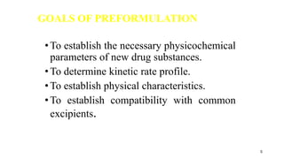 GOALS OF PREFORMULATION
•To establish the necessary physicochemical
parameters of new drug substances.
•To determine kinetic rate profile.
•To establish physical characteristics.
•To establish compatibility with common
excipients.
5
 