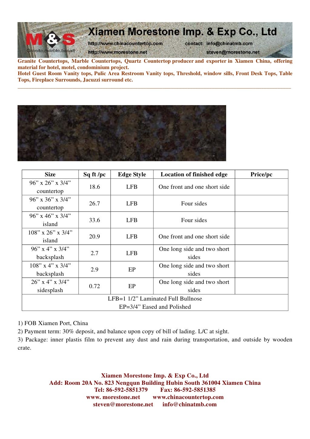 2cm Prefab Granite Countertop Blank Pricelist