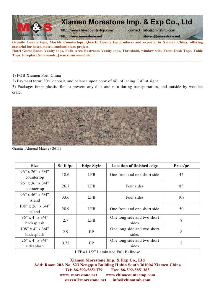 2cm Prefab Granite Countertop Blank Pricelist