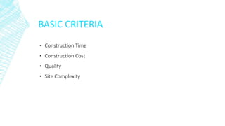 BASIC CRITERIA
▪ Construction Time
▪ Construction Cost
▪ Quality
▪ Site Complexity
 