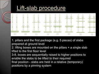 Lift-slab procedure
15
1. pillars and the first package (e.g. 5 pieces) of slabs
prepared at ground level
2. lifting boxes are mounted on the pillars + a single slab
lifted to the first floor level
3-8. boxes are sequentially raised to higher positions to
enable the slabs to be lifted to their required
final position - slabs are held in a relative (temporary)
positions by a pinning system
 