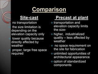 Comparison
Site-cast
 no transportation
 the size limitation is
depending on the
elevation capacity only
 lower quality because
directly affected by
weather
 proper, large free space
required
Precast at plant
 transportation and
elevation capacity limits
the size-
 higher, industrialized
quality – less affected by
weather
 no space requirement on
the site for fabrication
 unlimited opportunities of
architectural appearance
 option of standardized
components
5
 