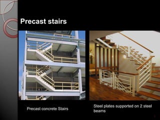 9
Precast stairs
Precast concrete Stairs
Steel plates supported on 2 steel
beams
 