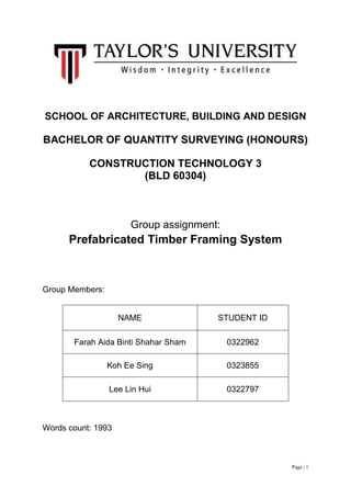 Page | 1
SCHOOL OF ARCHITECTURE, BUILDING AND DESIGN
BACHELOR OF QUANTITY SURVEYING (HONOURS)
CONSTRUCTION TECHNOLOGY 3
(BLD 60304)
Group assignment:
Prefabricated Timber Framing System
Group Members:
NAME STUDENT ID
Farah Aida Binti Shahar Sham 0322962
Koh Ee Sing 0323855
Lee Lin Hui 0322797
Words count: 1993
 