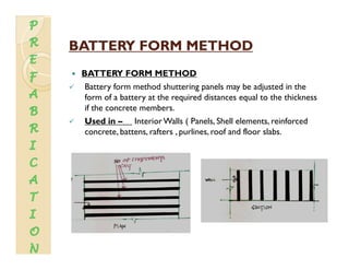 BATTERY FORM METHODBATTERY FORM METHODBATTERY FORM METHODBATTERY FORM METHOD
BATTERY FORM METHOD
B f h d h i l b dj d i hBattery form method shuttering panels may be adjusted in the
form of a battery at the required distances equal to the thickness
if the concrete members.
U d i I W ll ( P l Sh ll l f dUsed in – InteriorWalls ( Panels, Shell elements, reinforced
concrete, battens, rafters , purlines, roof and floor slabs.
 