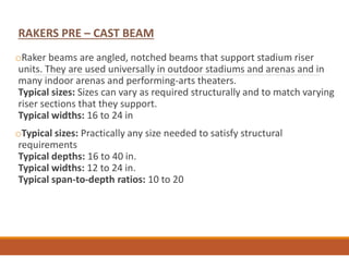 oRaker beams are angled, notched beams that support stadium riser
units. They are used universally in outdoor stadiums and arenas and in
many indoor arenas and performing-arts theaters.
Typical sizes: Sizes can vary as required structurally and to match varying
riser sections that they support.
Typical widths: 16 to 24 in
oTypical sizes: Practically any size needed to satisfy structural
requirements
Typical depths: 16 to 40 in.
Typical widths: 12 to 24 in.
Typical span-to-depth ratios: 10 to 20
RAKERS PRE – CAST BEAM
 