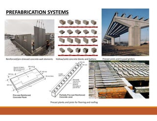 PREFABRICATION SYSTEMS
Reinforced/pre-stressed concrete wall elements Hollow/solid concrete blocks and battens Precast joists and trussed girders
Precast planks and joists for flooring and roofing
 
