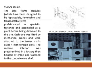 THE CAPSULE :
The steel frame capsules
(which have been designed to
be replaceable, removable, and
transportable)were
prefabricated in specialist
factories and assembled at a
plant before being delivered to
the site. Each one was lifted by
mechanical cranes and were
attached to the tower shafts
using 4 high-tension bolts. The
capsule interior was
preassembled in a factory then
hoisted by crane and fastened
to the concrete core shaft.
DETAIL OF SYSTEM OF CAPSULE JOINING TO SHAFT
 