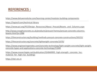 https://www.deluxemodular.com/learning-center/modular-building-components
https://logixicf.com/technical-library
https://www.pci.org/PCI/Design_Resources/About_Precast/Beams_and_Columns.aspx
http://www.creaghconcrete.co.uk/products/precast-frames/precast-concrete-columns-
beams.html?p=198#
https://theconstructor.org/building/methods-precast-concrete-constructions/26523/
https://theconstructor.org/concrete/lightweight-concrete/1670/
https://www.engineeringenotes.com/concrete-technology/light-weight-concrete/light-weight-
concrete-types-and-applications-concrete-technology/31840
https://www.researchgate.net/publication/324949995_high-strength_concrete_hsc-
material_for_high-rise_buildings
https://cbri.res.in
REFERENCES :
 