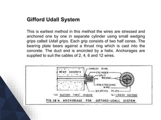 Gifford Udall System
This is earliest method in this method the wires are stressed and
anchored one by one in separate cylinder using small wedging
grips called Udall grips. Each grip consists of two half cones. The
bearing plate bears against a thrust ring which is cast into the
concrete. The duct end is encircled by a helix. Anchorages are
supplied to suit the cables of 2, 4, 6 and 12 wires.
 