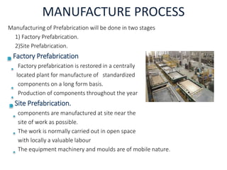 MANUFACTURE PROCESS
Manufacturing of Prefabrication will be done in two stages
1) Factory Prefabrication.
2)Site Prefabrication.
Factory Prefabrication
Factory prefabrication is restored in a centrally
located plant for manufacture of standardized
components on a long form basis.
Production of components throughout the year
Site Prefabrication.
components are manufactured at site near the
site of work as possible.
The work is normally carried out in open space
with locally a valuable labour
The equipment machinery and moulds are of mobile nature.
 