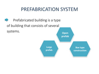 PREFABRICATION SYSTEM
• Prefabricated building is a type
of building that consists of several
systems. Open
prefab
Box type
construction
Large
prefab
 