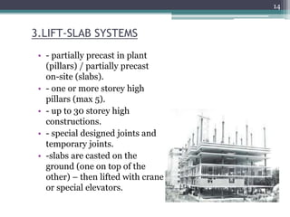 3.LIFT-SLAB SYSTEMS
• - partially precast in plant
(pillars) / partially precast
on-site (slabs).
• - one or more storey h...