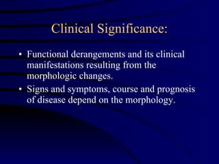 Clinical Significance: Functional derangements and its clinical manifestations resulting from the morphologic changes. Signs and symptoms, course and prognosis of disease depend on the morphology. 