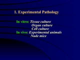 Experimental Pathology In vitro:   Tissue culture Organ culture Cell culture In vivo:   Experimental animals Nude mice 